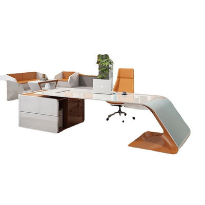 Muebles de oficina diseño de lujo escritorio ejecutivo brillante con forma de L y armario de tamaño largo