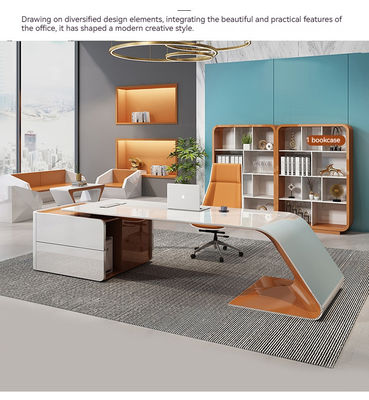 Muebles de oficina diseño de lujo escritorio ejecutivo brillante con forma de L y armario de tamaño largo