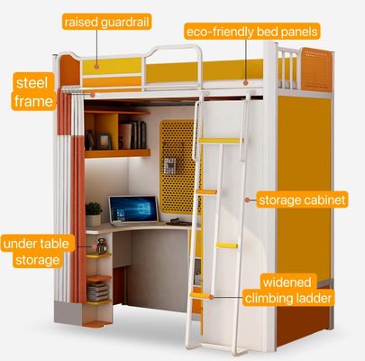 Muebles de hotel de metal Estudiante doble y soltero cama de dormitorio de hierro con armario y escritorio