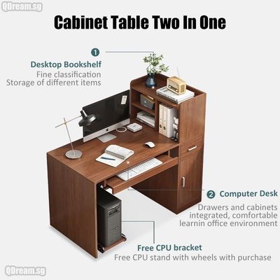 Mesa de computadora minimalista con estantería y cajón